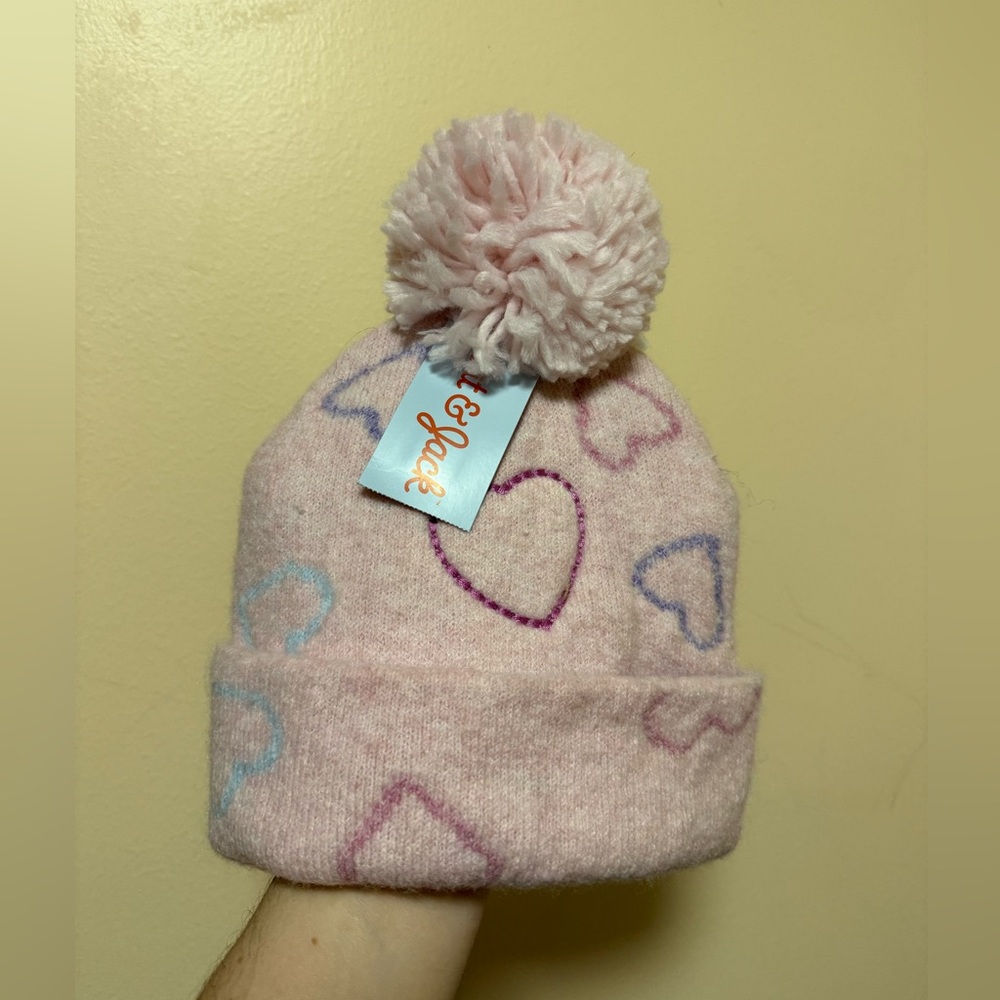 Cat & Jack Light Pink Heart Pom Beanie 12-24 months NWT